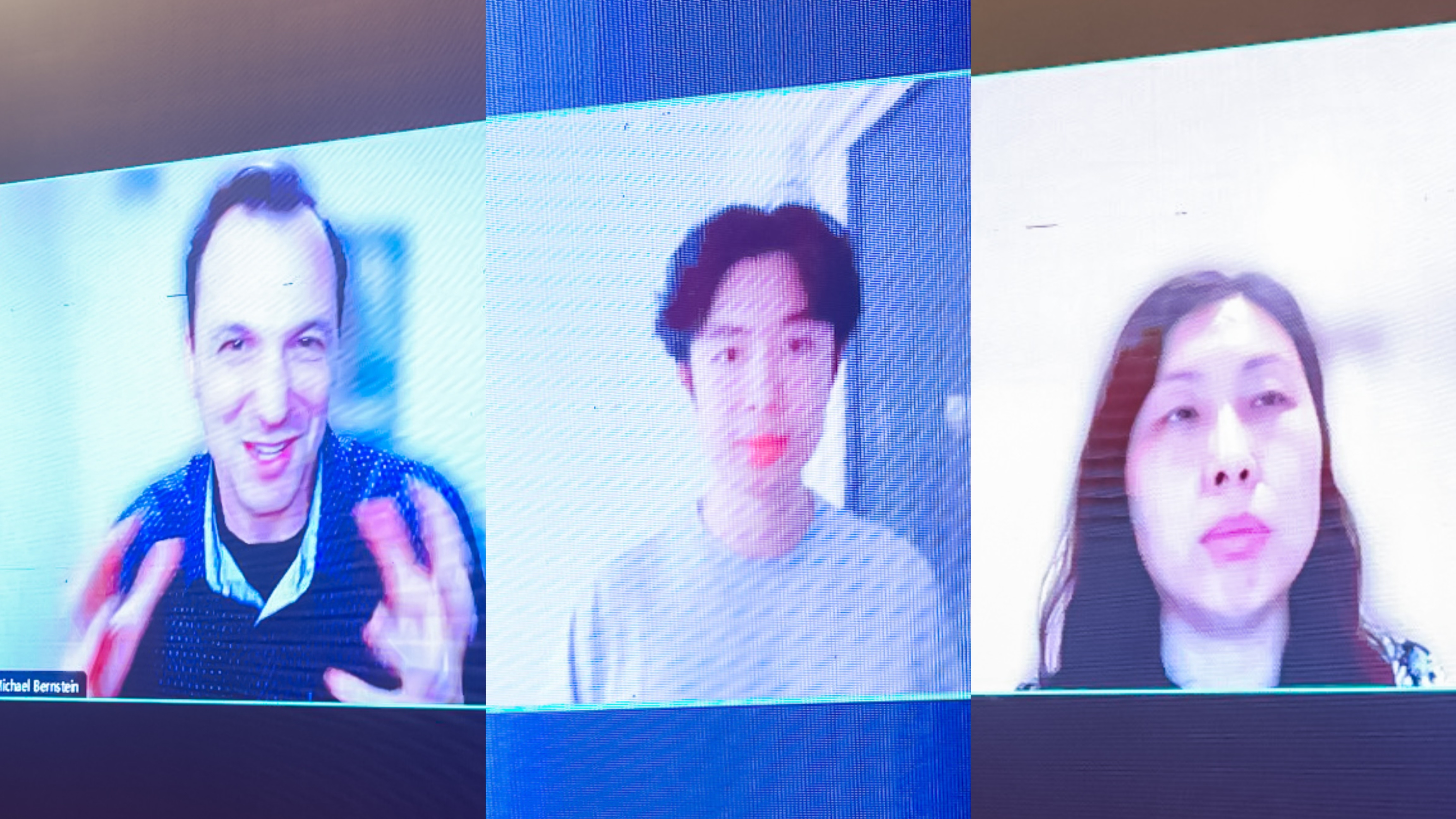 20230910-清華大學計算機系與人工智能研究院基礎模型研究中心聯(lián)合舉辦首屆基礎大模型研討會-嘉藝-Michael Bernstein(左)、Jason Wei(中)、Yan Liu(右)在線上作報告.jpg